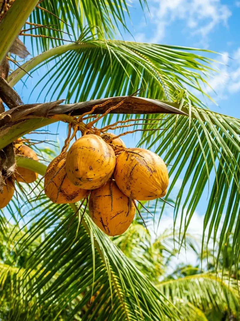 Cluster of coconuts growing on a palm tree