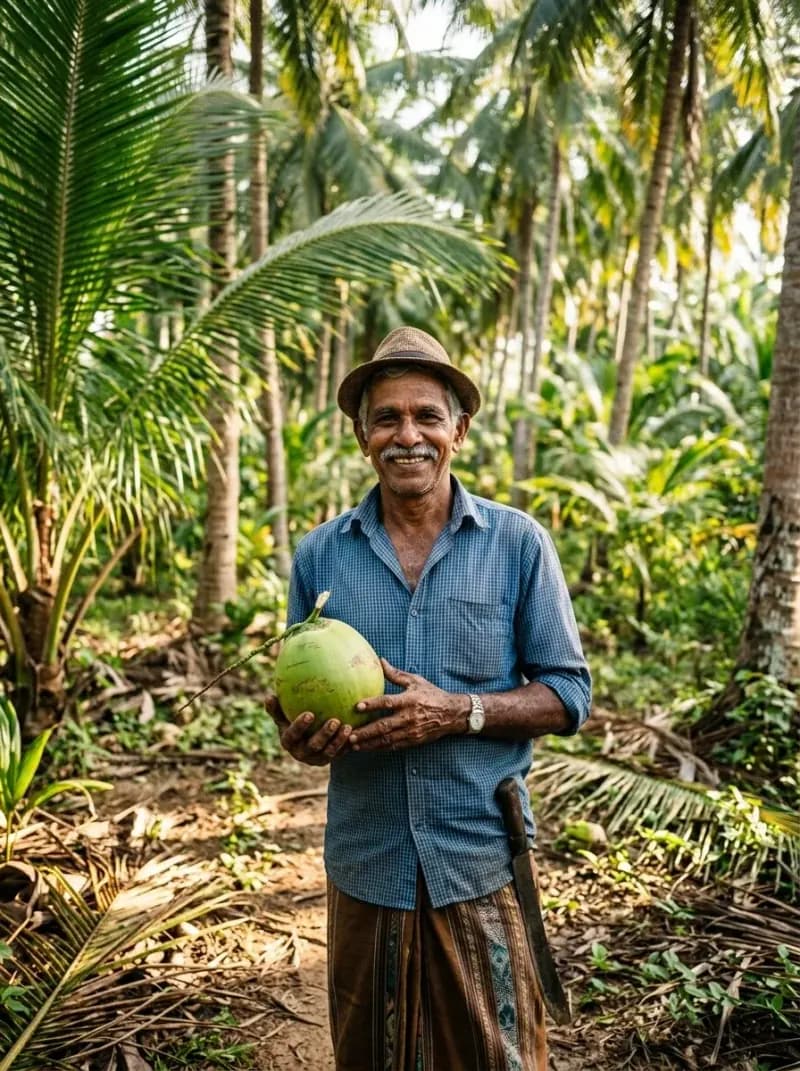 Coconut farmer harvesting from palm trees in Kerala