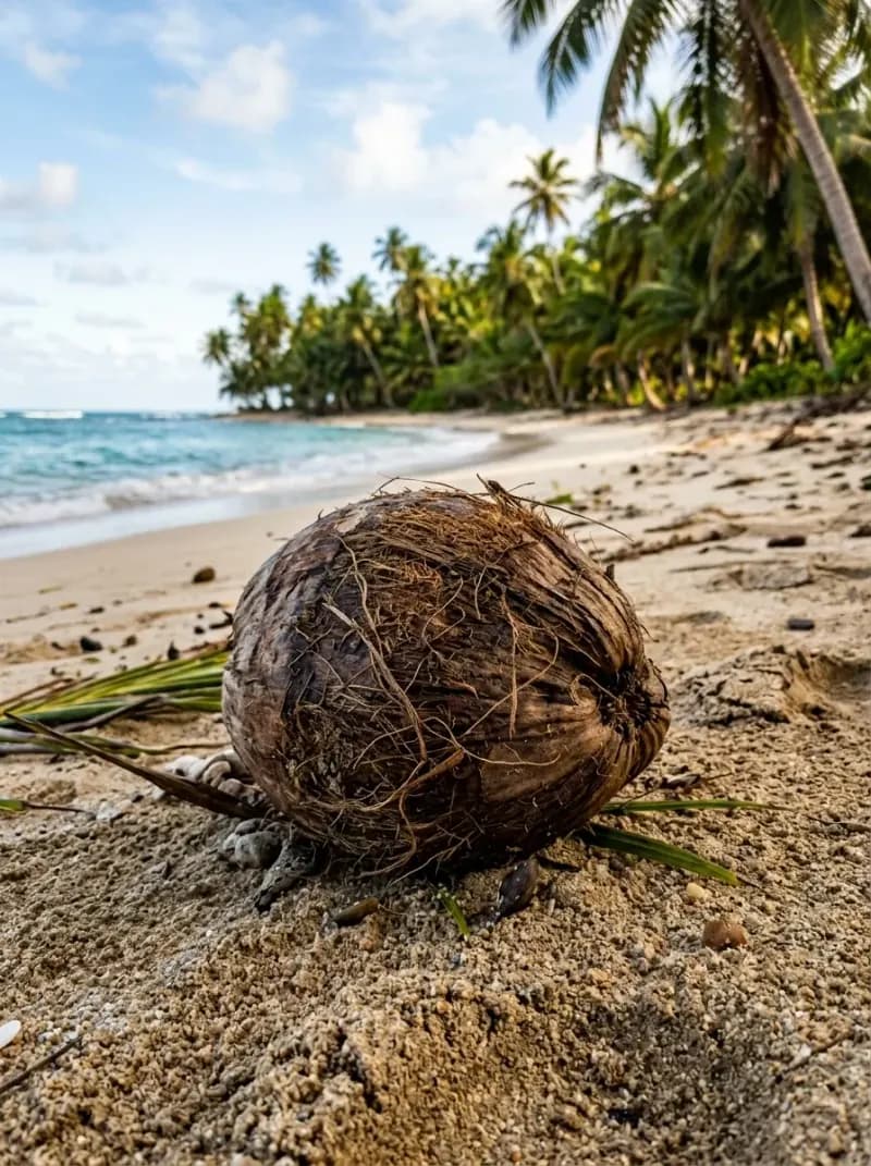 Coconut on the ground near a palm tree — Kerala's natural bounty