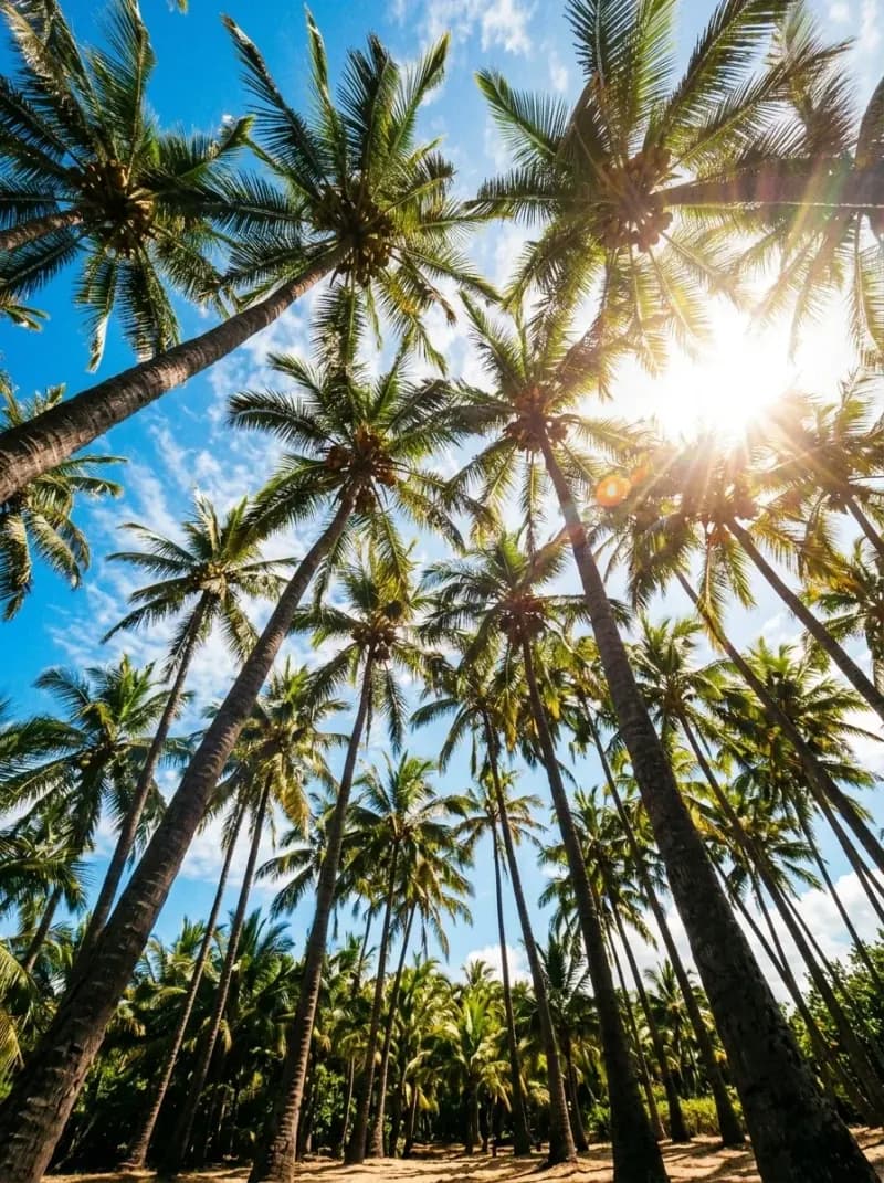 Coconut palm canopy against a bright sky