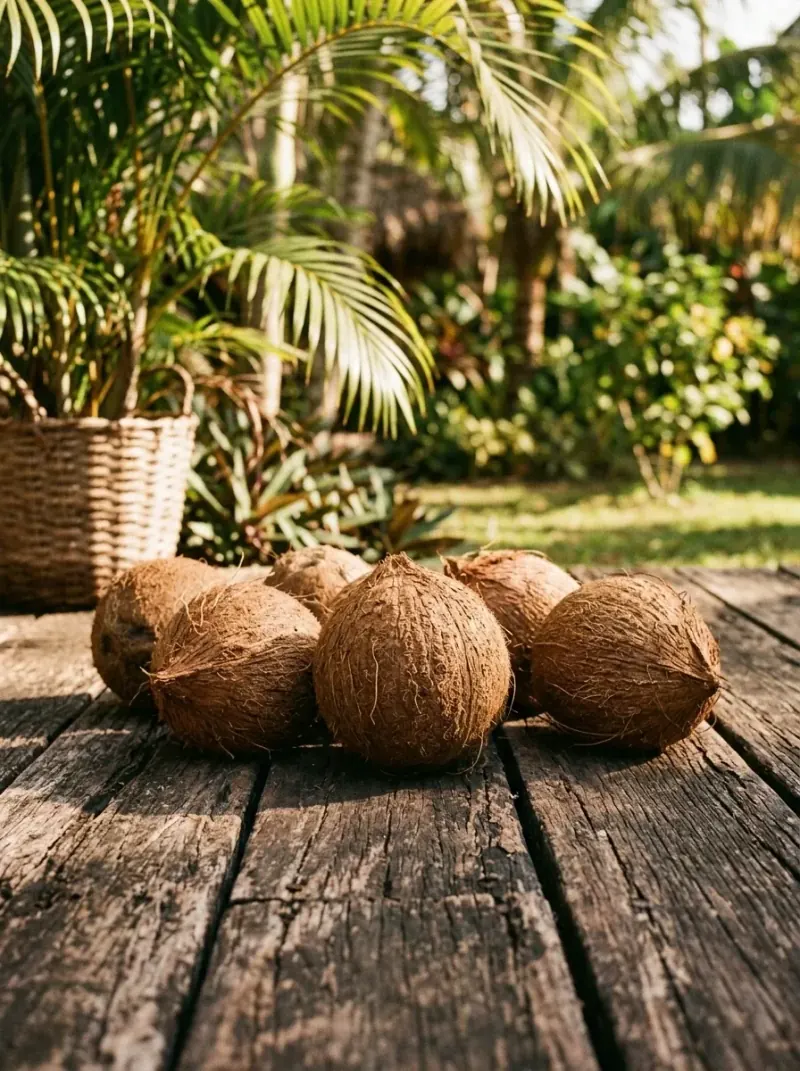Fresh coconuts on a wooden table — natural ingredients